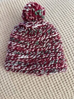 Chunky Hand-Knit Holiday Beanie with Pom Pom – Red, Green, & White